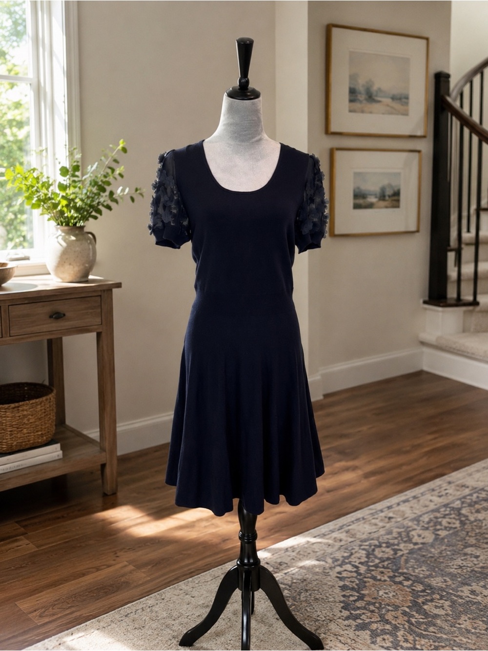 Draper James Women's Navy Fit-&-Flare Dress with Floral Appliqué Sleeves
